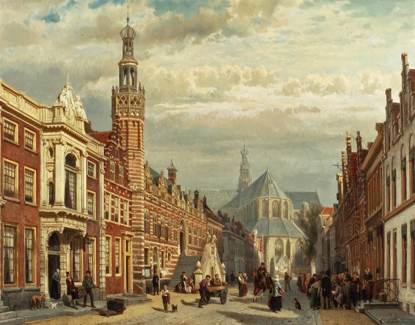 View of the town hall and St Lawrence Church in Alkmaar by Cornelis Springer